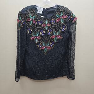 VTG Stenay 100% Silk Hand-Beaded & Sequin Floral Blouse Black SZ Medium